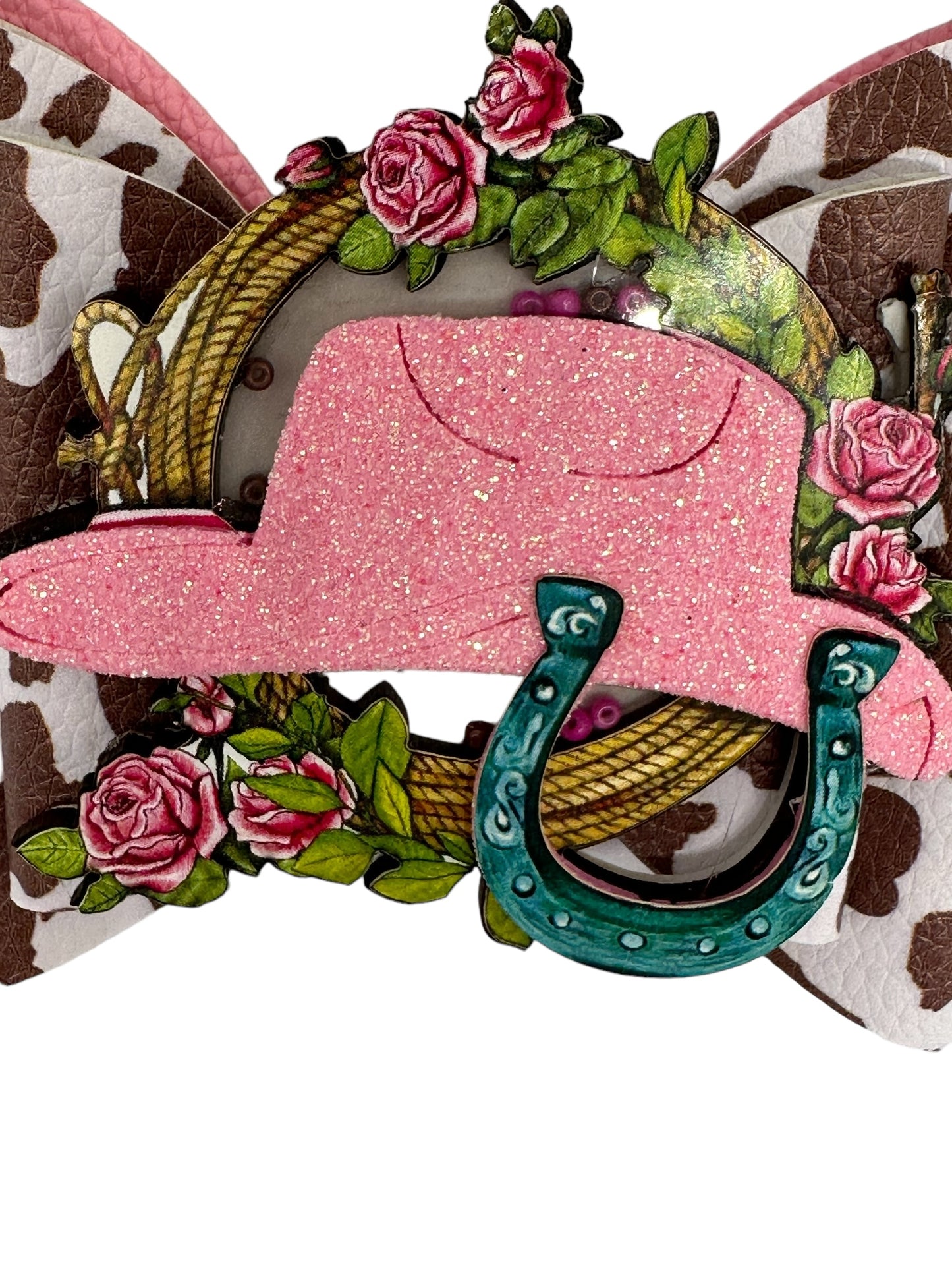 5 inch bow Cow print and glitter with Cowboy hat shaker