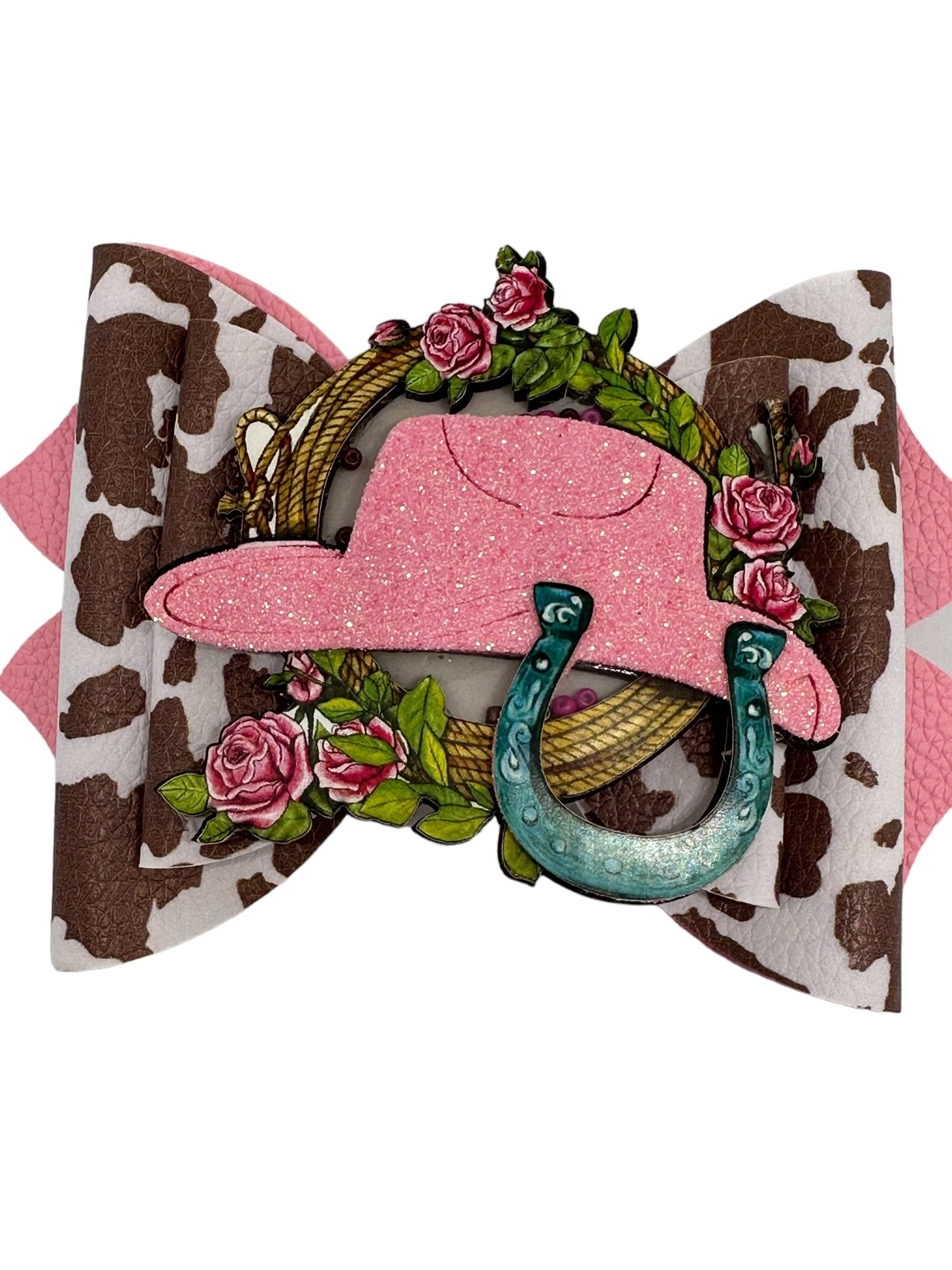 5 inch bow Cow print and glitter with Cowboy hat shaker