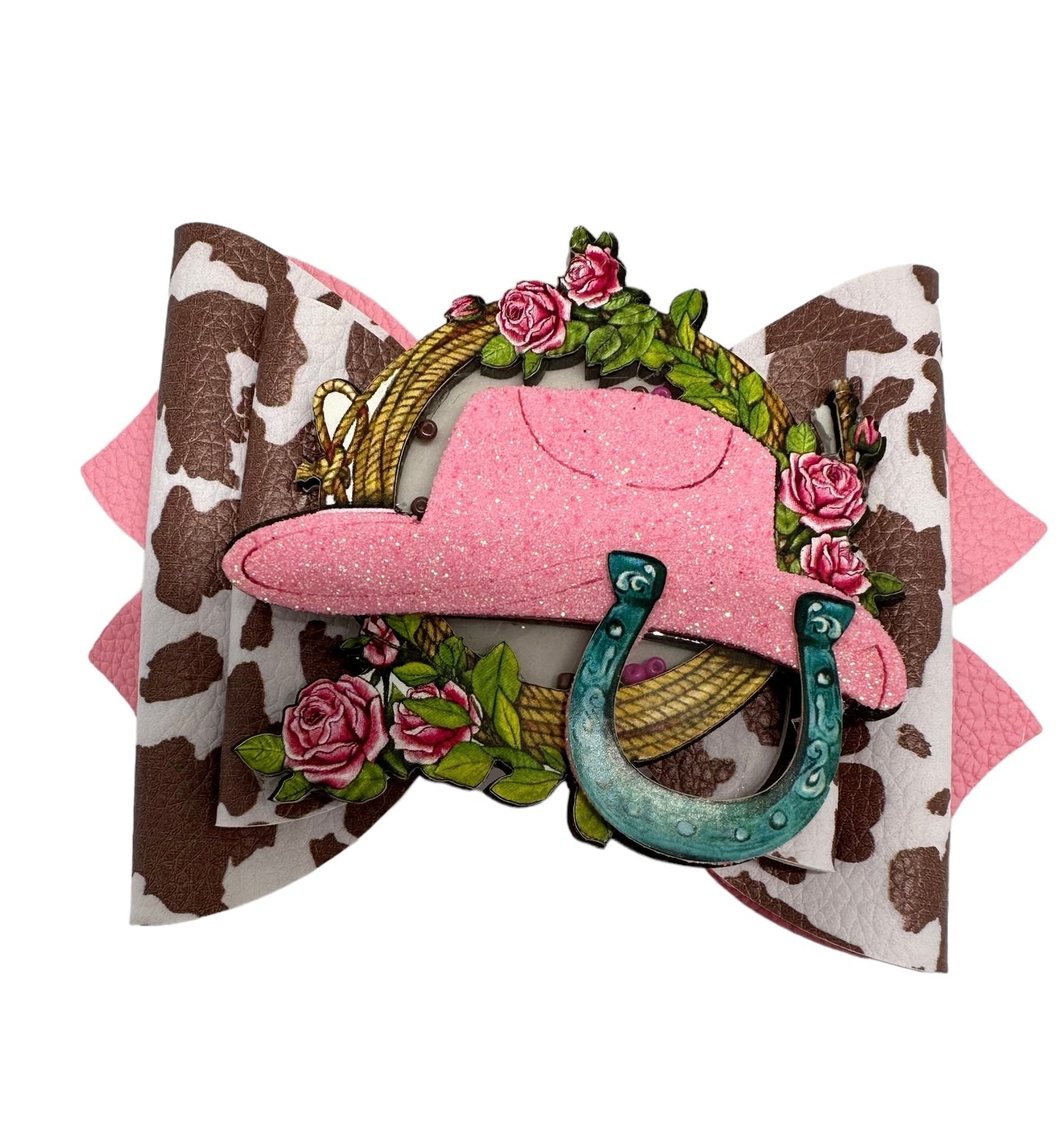 5 inch bow Cow print and glitter with Cowboy hat shaker