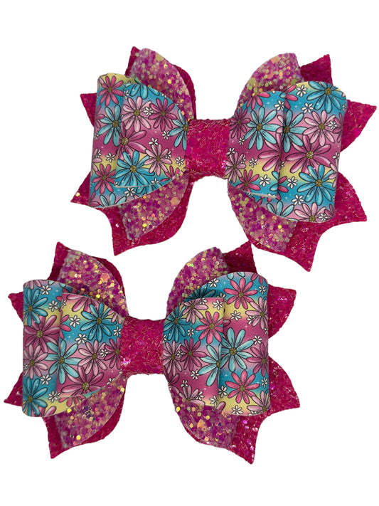 3.5 inch GIRL'S fuschia floral SASAFRASS PIGTAIL BOWS