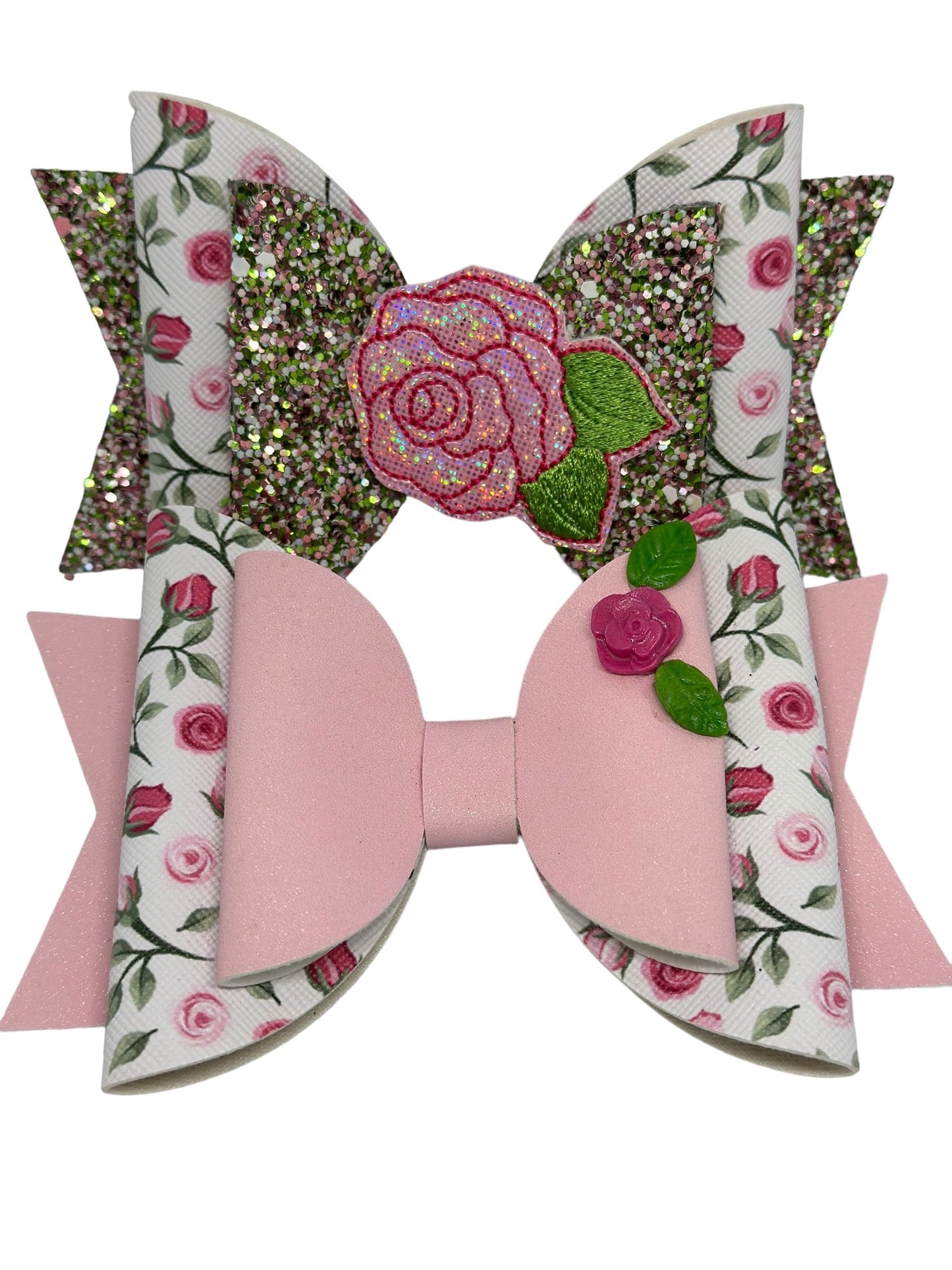 Girl's 5 inch Rose Bow, Pink Rose Bow, Floral Bow, Birthday bow, Special Occasion hair bow, cute girls gift, Faux Leather Rose Bow